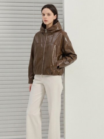 루즈핏 페이크 레더 후드 점퍼 