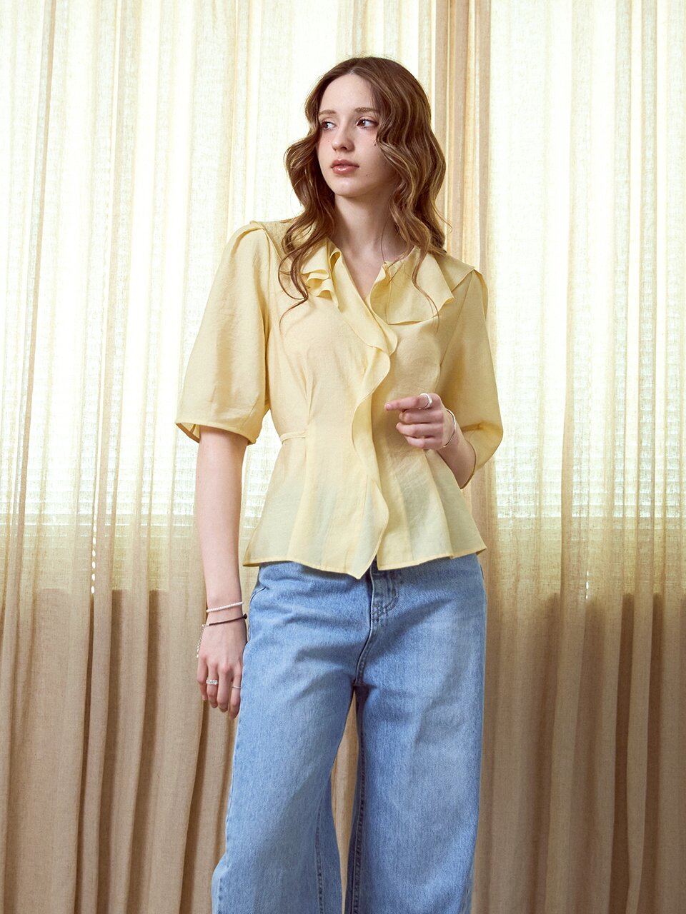 실키 스트랩 볼륨블라우스_YELLOW