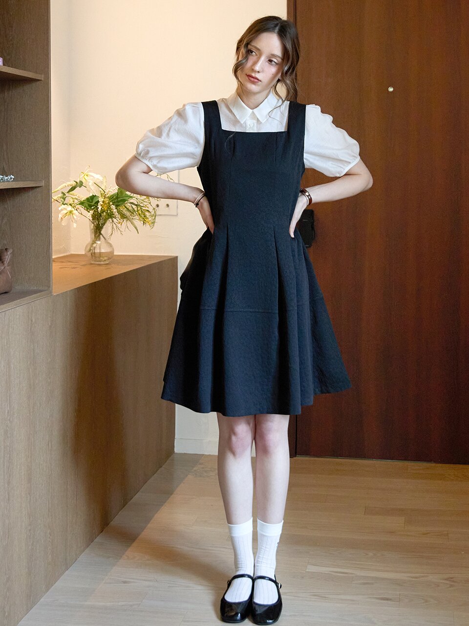 자가드 스퀘어 슬리브리스원피스_BLACK