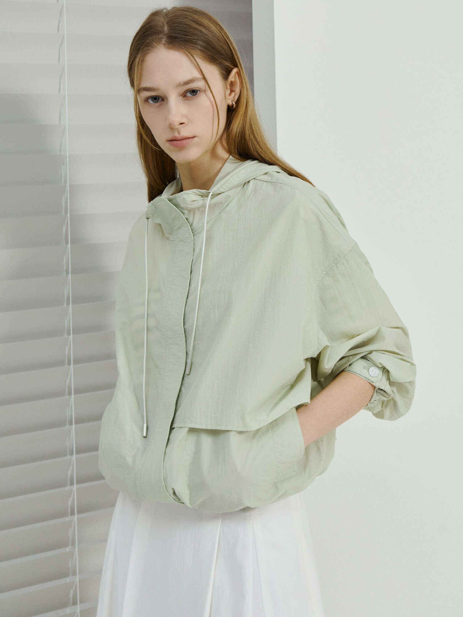 코튼 스트링 후드 집업 점퍼 (MINT)