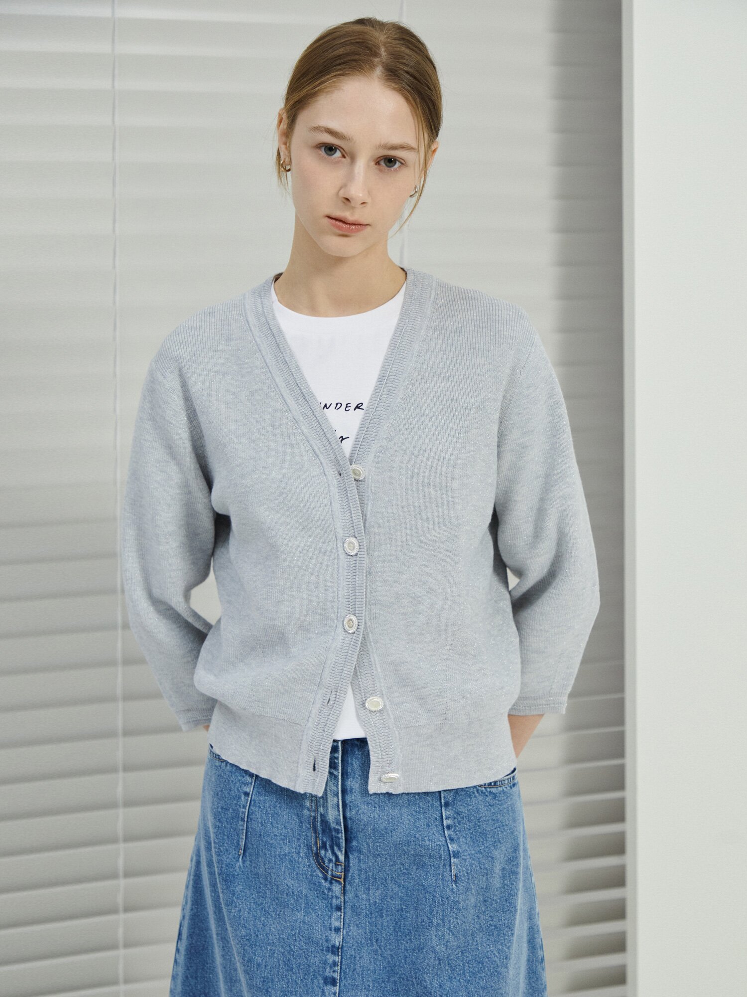 글리터 7부 브이넥 가디건 (SILVER)