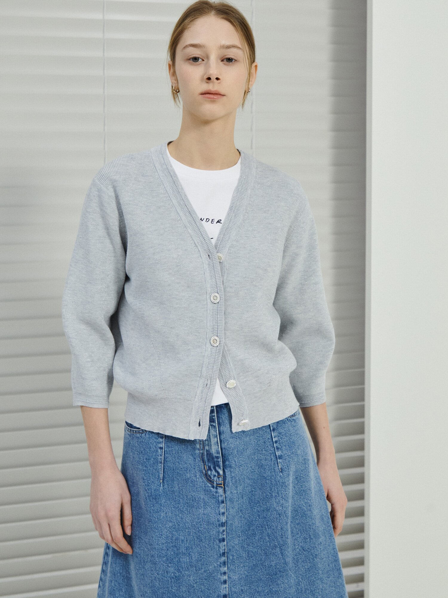 글리터 7부 브이넥 가디건 (SILVER)