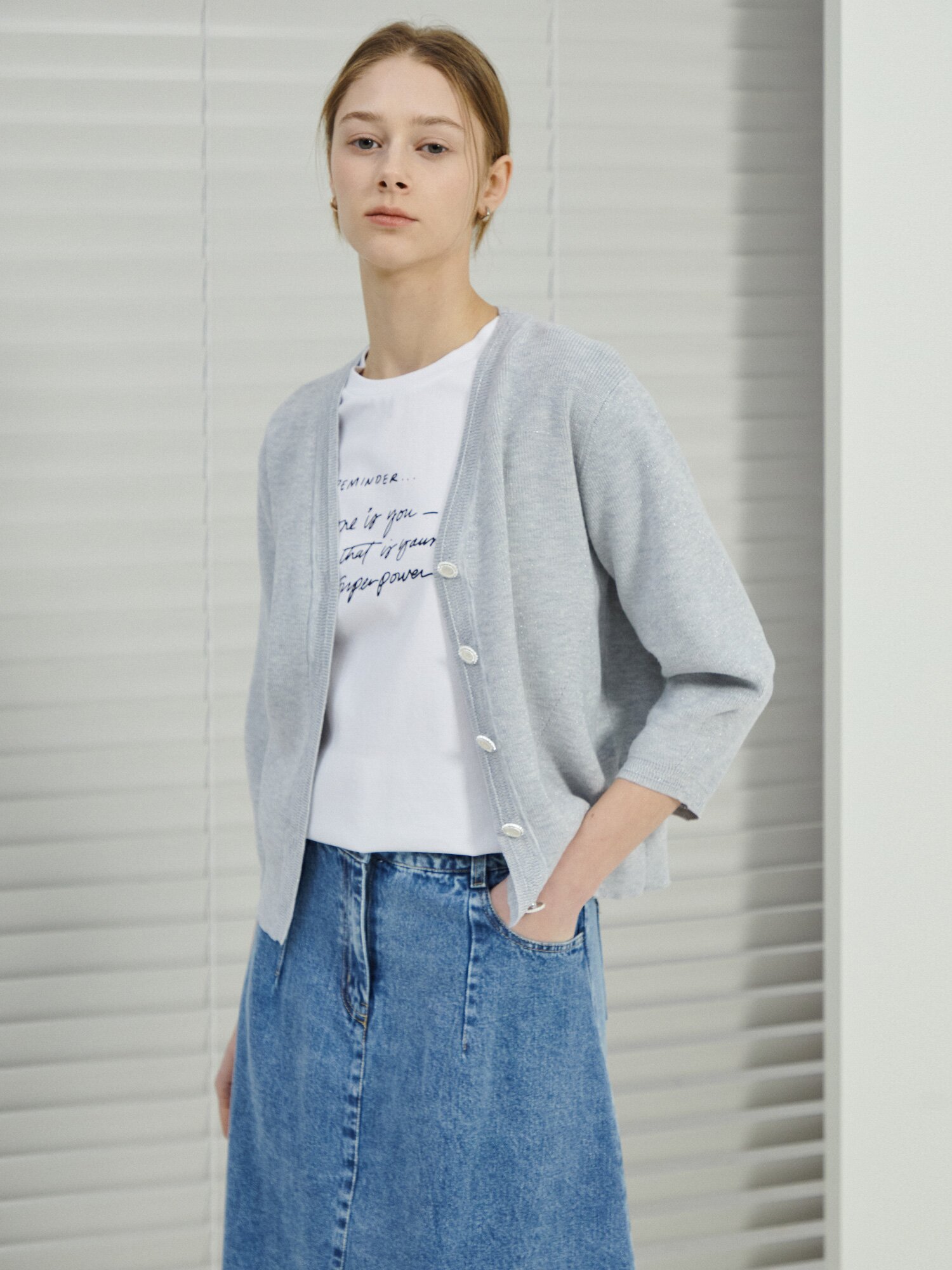 글리터 7부 브이넥 가디건 (SILVER)