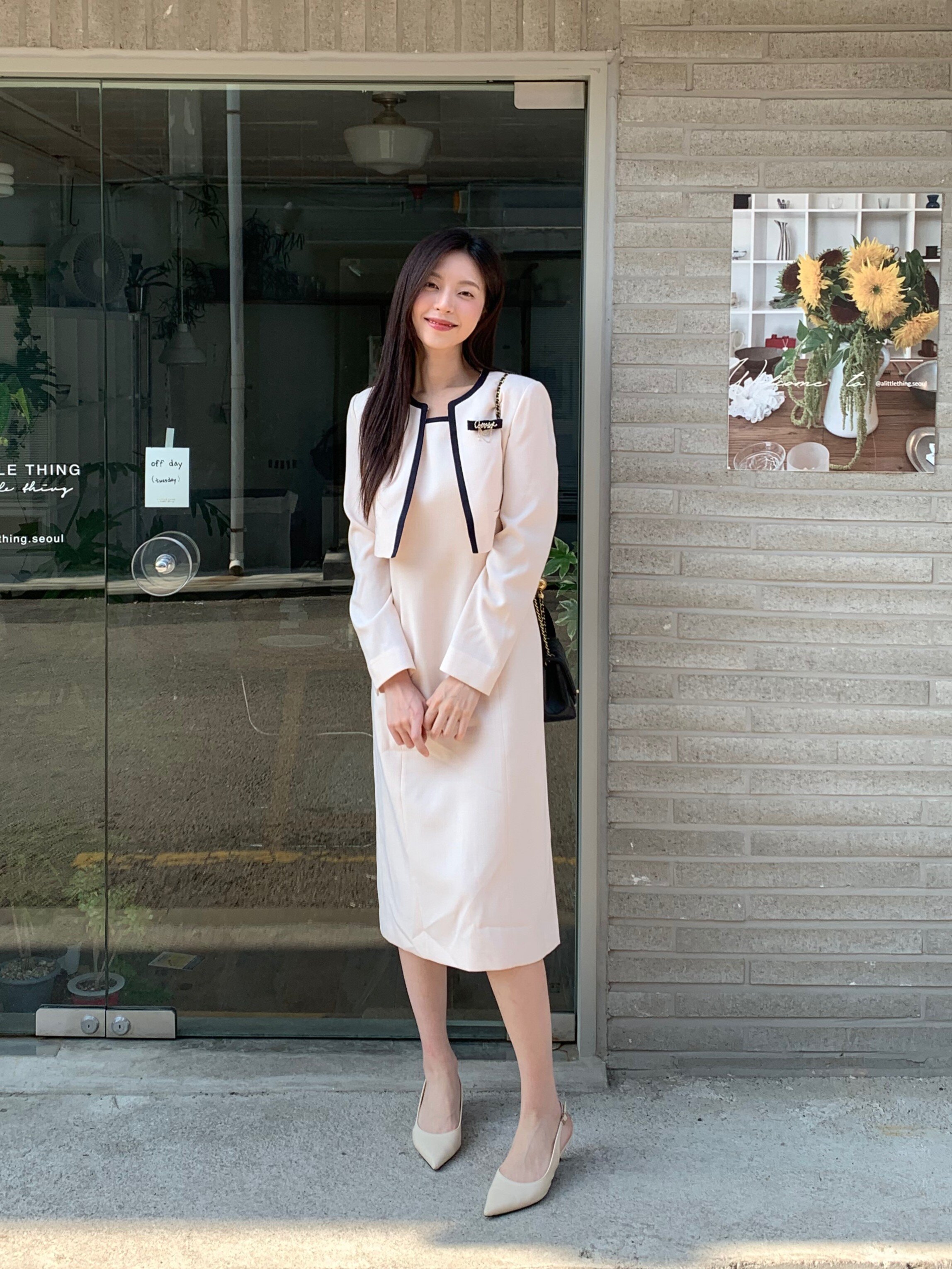 배색 A라인 원피스 +재킷 세트 (LIGHT BEIGE)