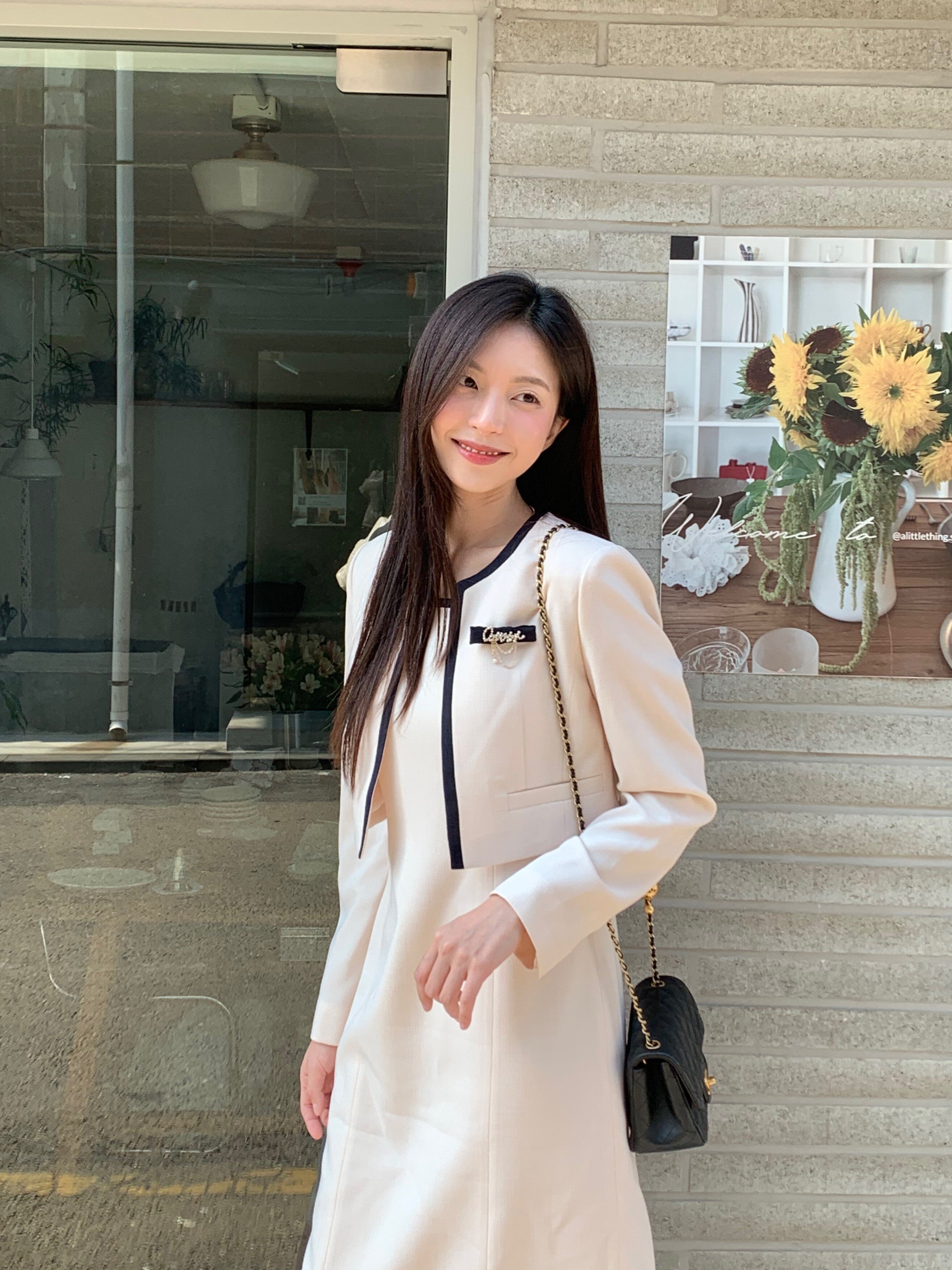 배색 A라인 원피스 +재킷 세트 (LIGHT BEIGE)