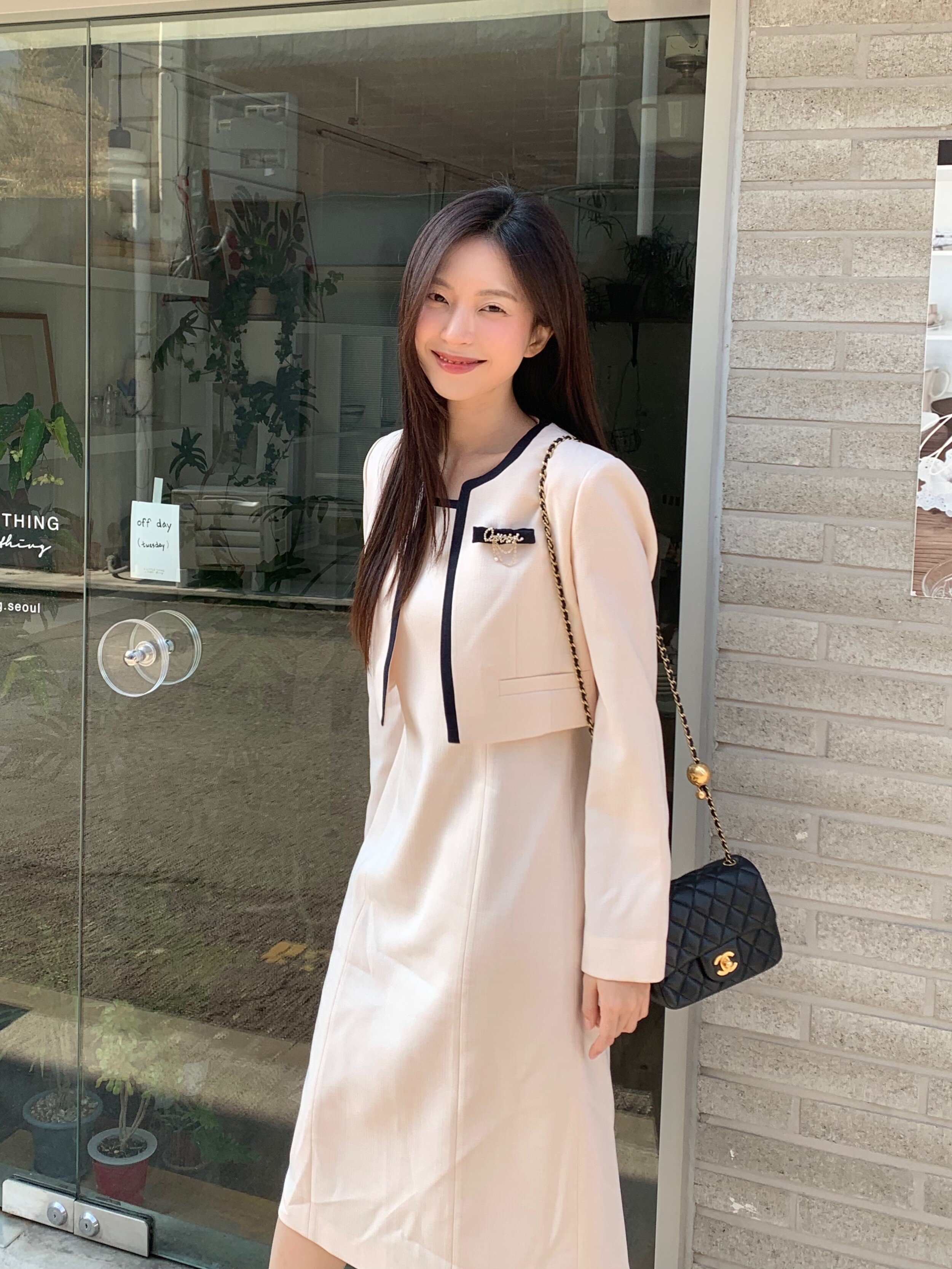 배색 A라인 원피스 +재킷 세트 (LIGHT BEIGE)