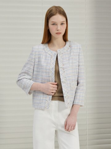 트위드 프린지 라운드넥 재킷 