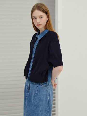 데님 배색 스트링 니트 재킷 