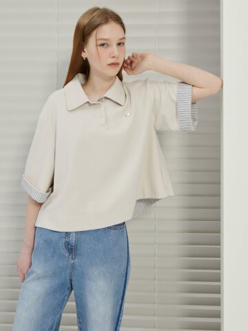 오버핏 배색 버튼 칼라 티셔츠 