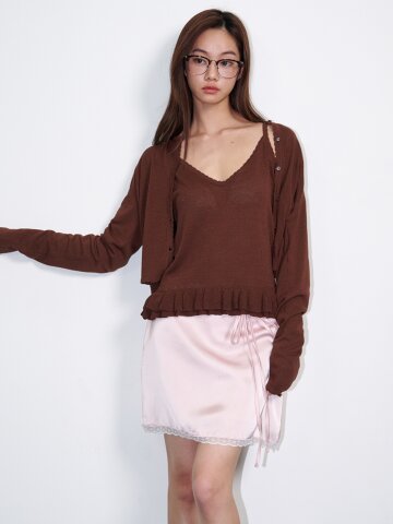 린넨 프릴 슬리브리스 가디건 세트 브라운