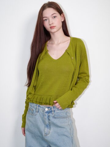 린넨 프릴 슬리브리스 가디건 세트 올리브