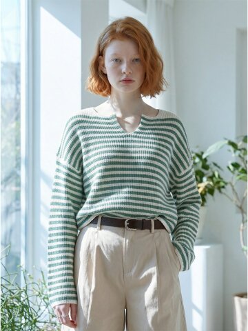 [26 NEW] 퓨어 코튼 청키 스트라이프 니트 탑