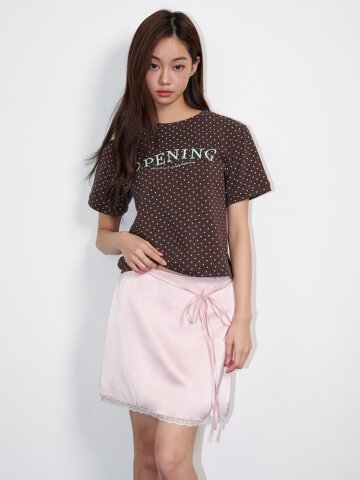 도트 반팔 로고 크롭 티셔츠 브라운