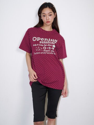 도트 반팔 로고 박스티 버건디