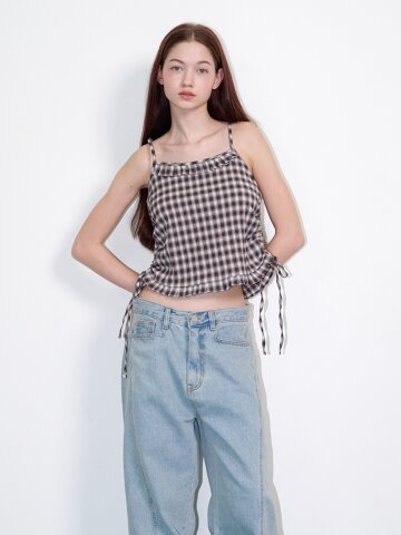 체크 사이드 스트링 슬리브리스 탑 브라운