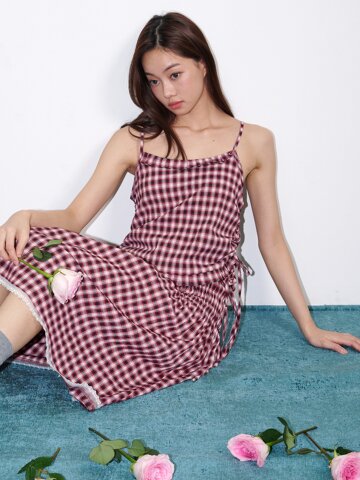 체크 사이드 스트링 슬리브리스 탑 와인