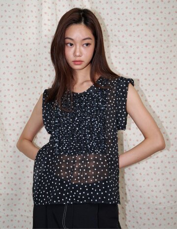 도트 프릴 쉬폰 블라우스 블랙