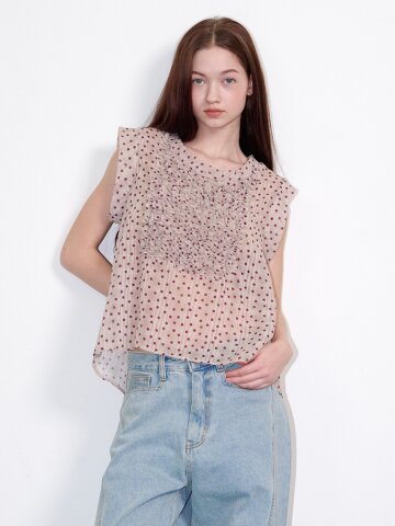 도트 프릴 쉬폰 블라우스 베이지