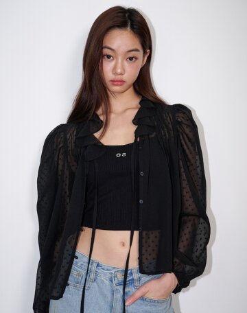 러플 시스루 도트 블라우스 블랙