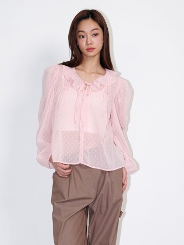 러플 시스루 도트 블라우스 핑크