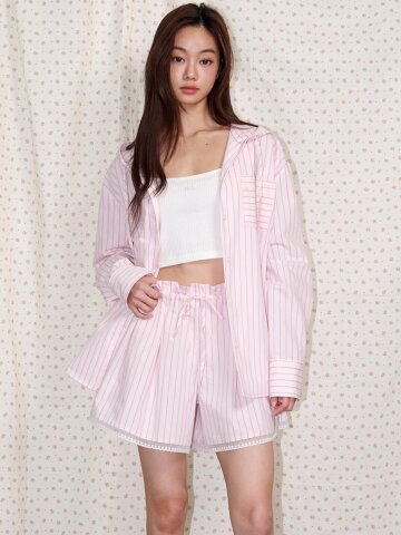 후드 스트라이프  파자마 셔츠 핑크