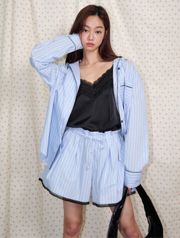 후드 스트라이프  파자마 셔츠 블루