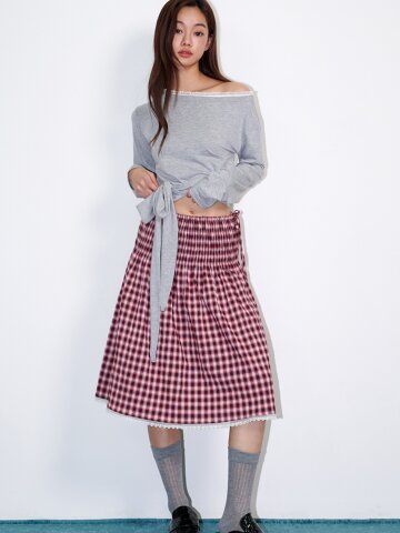 체크 스모크 레이스 주름스커트 와인