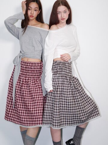 체크 스모크 레이스 주름스커트 브라운