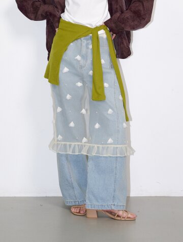 구슬 꽃 레이어드 프릴 스커트 크림