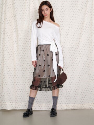 구슬 꽃 레이어드 프릴 스커트 블랙