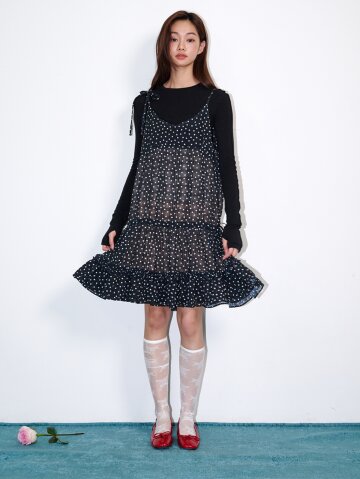 프릴 셔링 도트 미니원피스 블랙