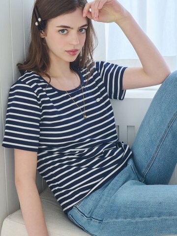 U neck stripe short sleeve t-shirt - Navy