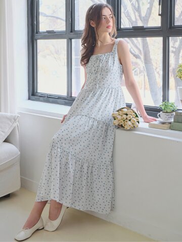 [ver.2] Ribbon shirring floral dress - White