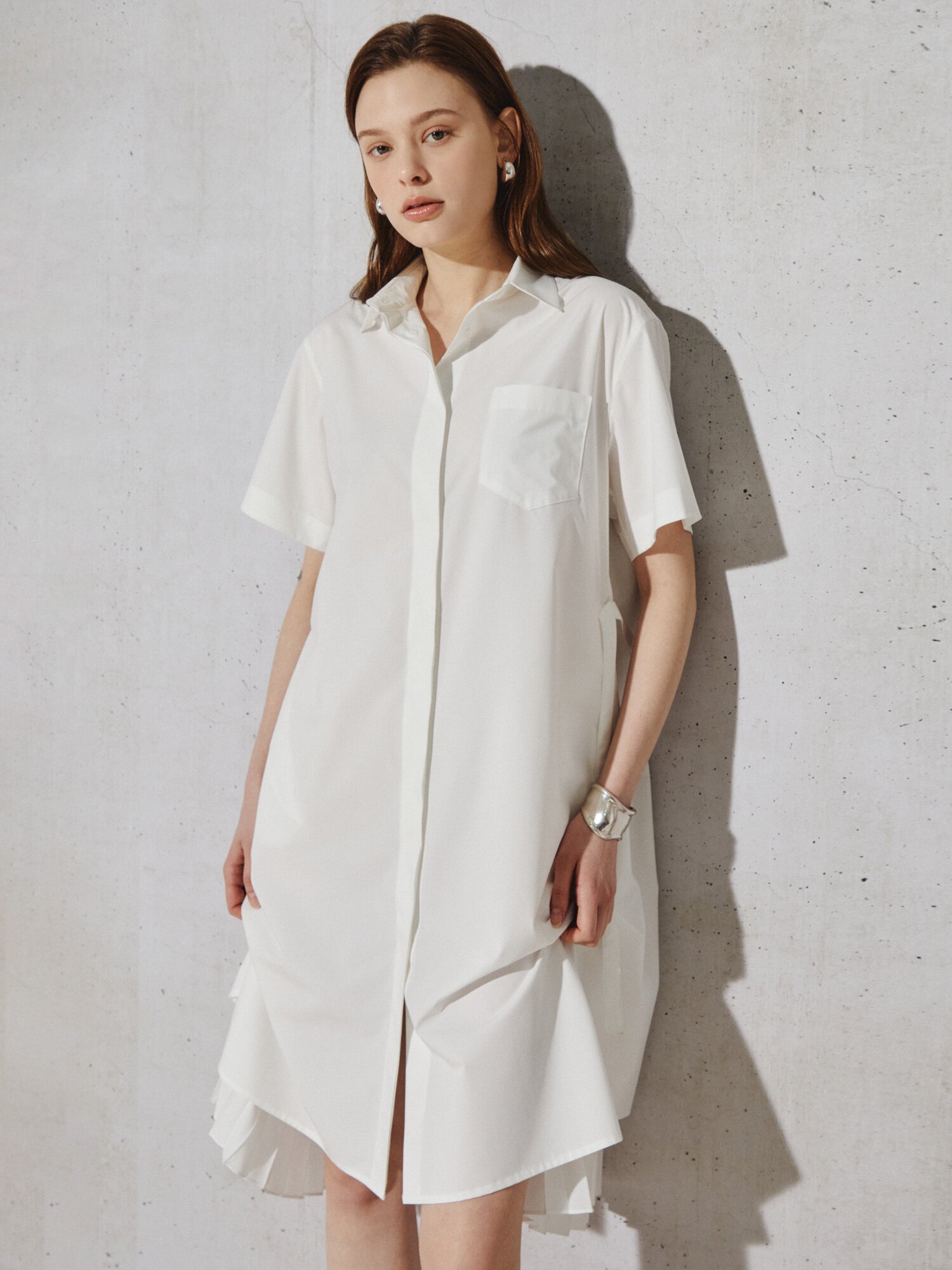 모던 백 플리츠 벨티드 셔츠 드레스 (WHITE)