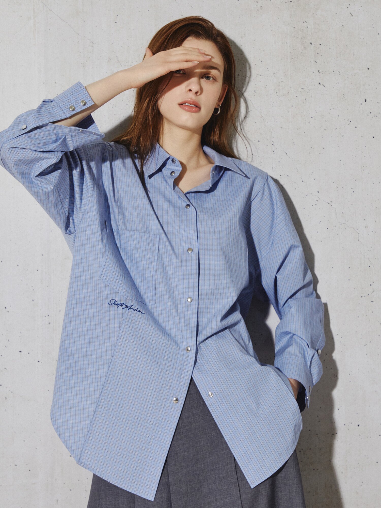 시그니처 레터링 코튼 체크 셔츠 (CHECK BLUE)