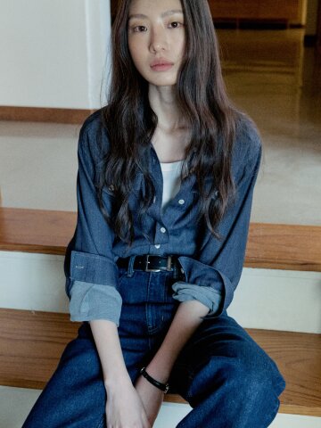 Sheer Denim Western Loose fit Shirt_DEEP BLUE
