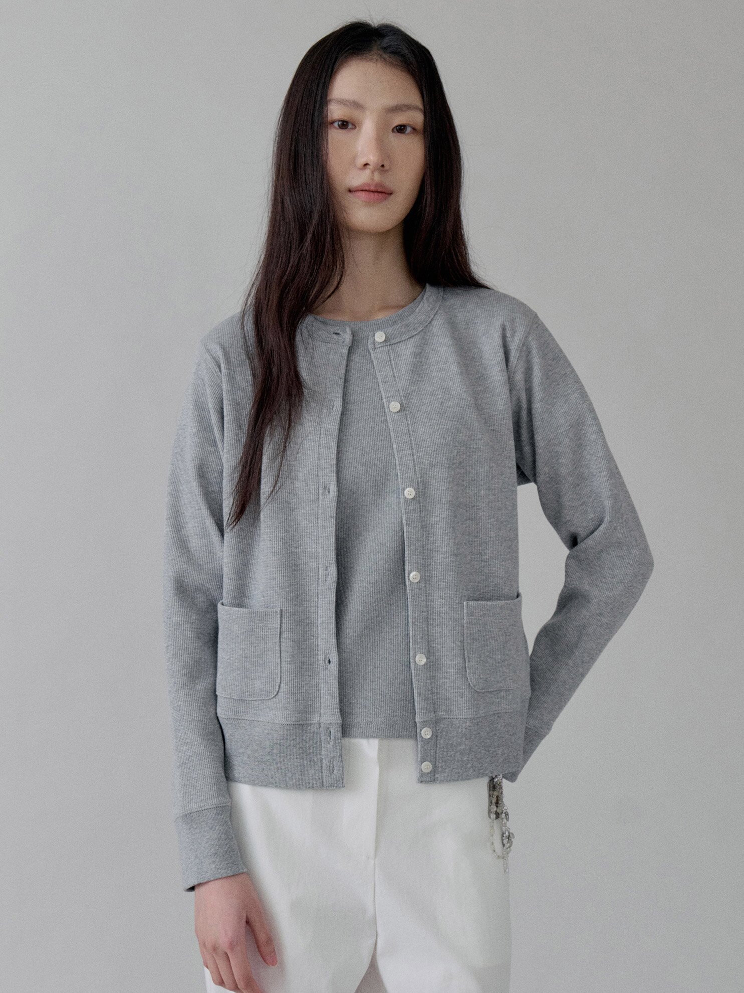 Waffle Cotton Jersey Cardigan_MELANGE