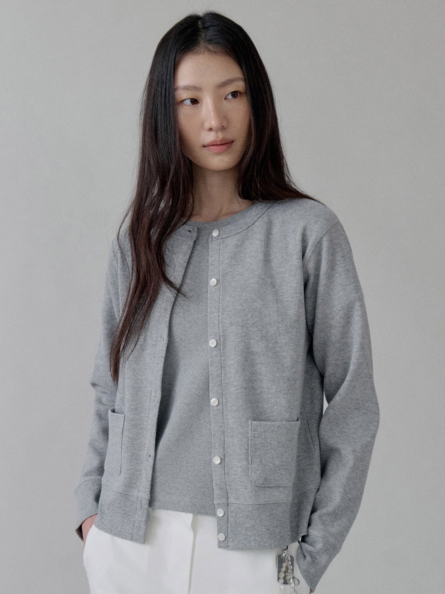 Waffle Cotton Jersey Cardigan_MELANGE