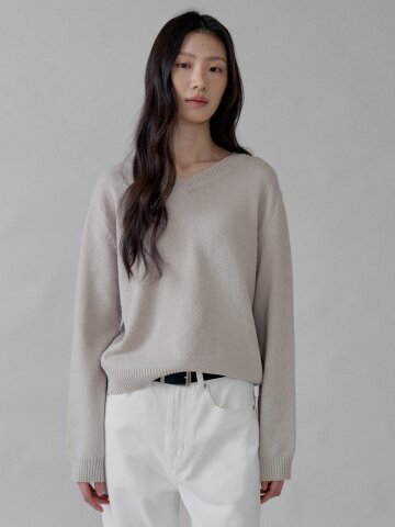 Spun Yarn Double V-Neck Knit_BEIGE