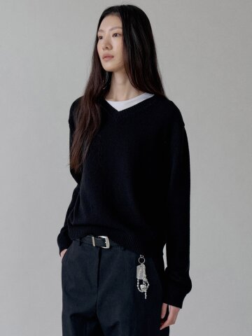 Spun Yarn Double V-Neck Knit_BLACK
