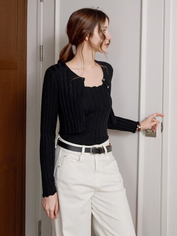 [SET] 리브드 투버튼 가디건세트_BLACK