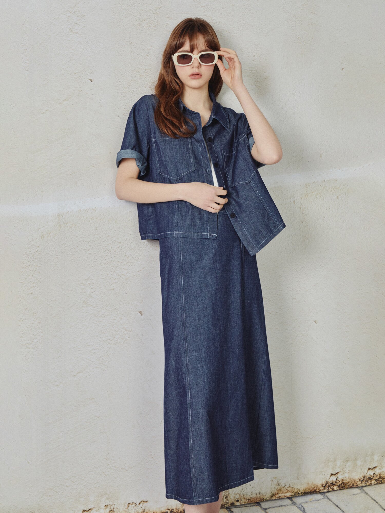 데님 칼라넥 플레어 투피스 (DARK BLUE)