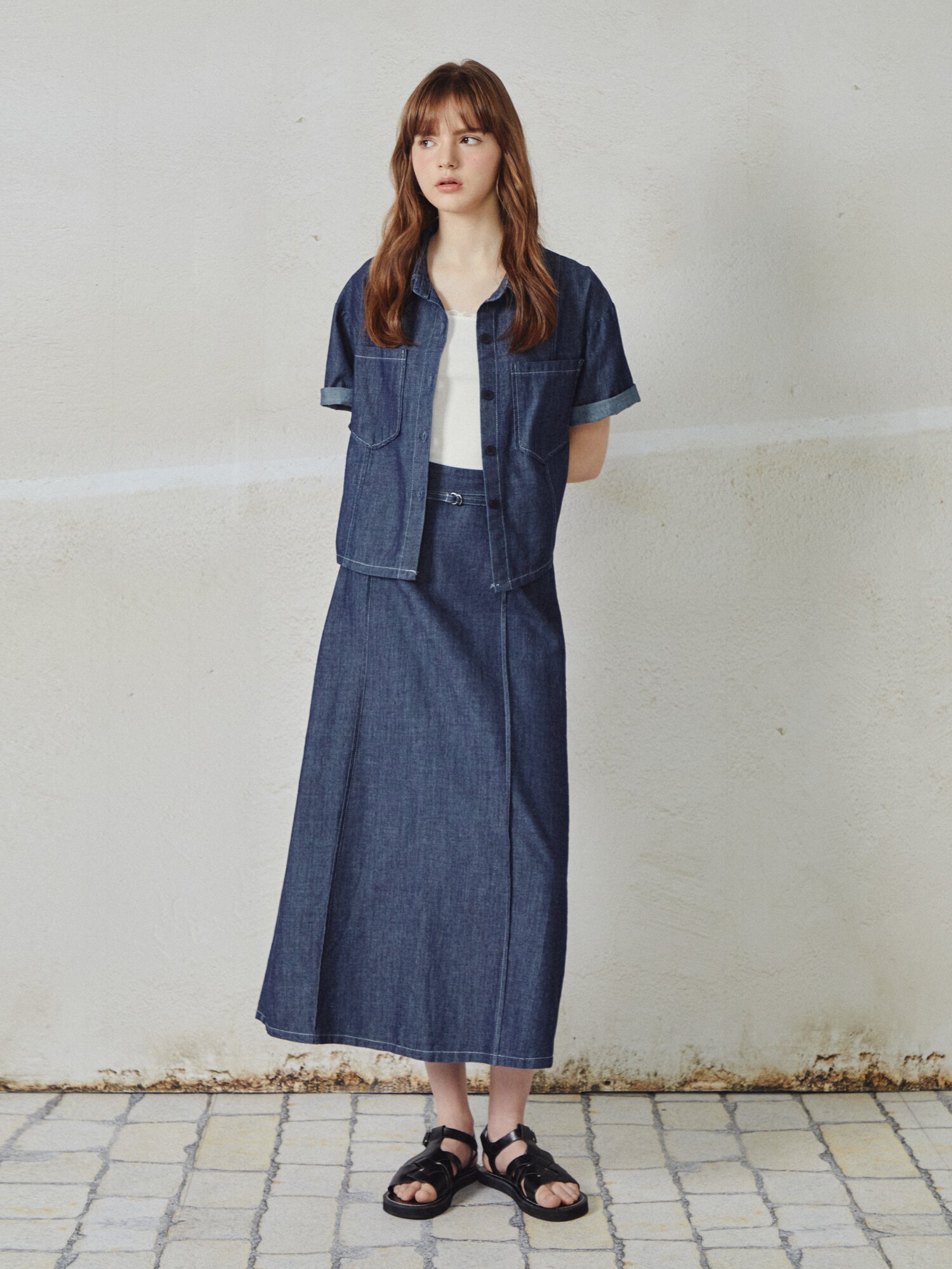 데님 칼라넥 플레어 투피스 (DARK BLUE)