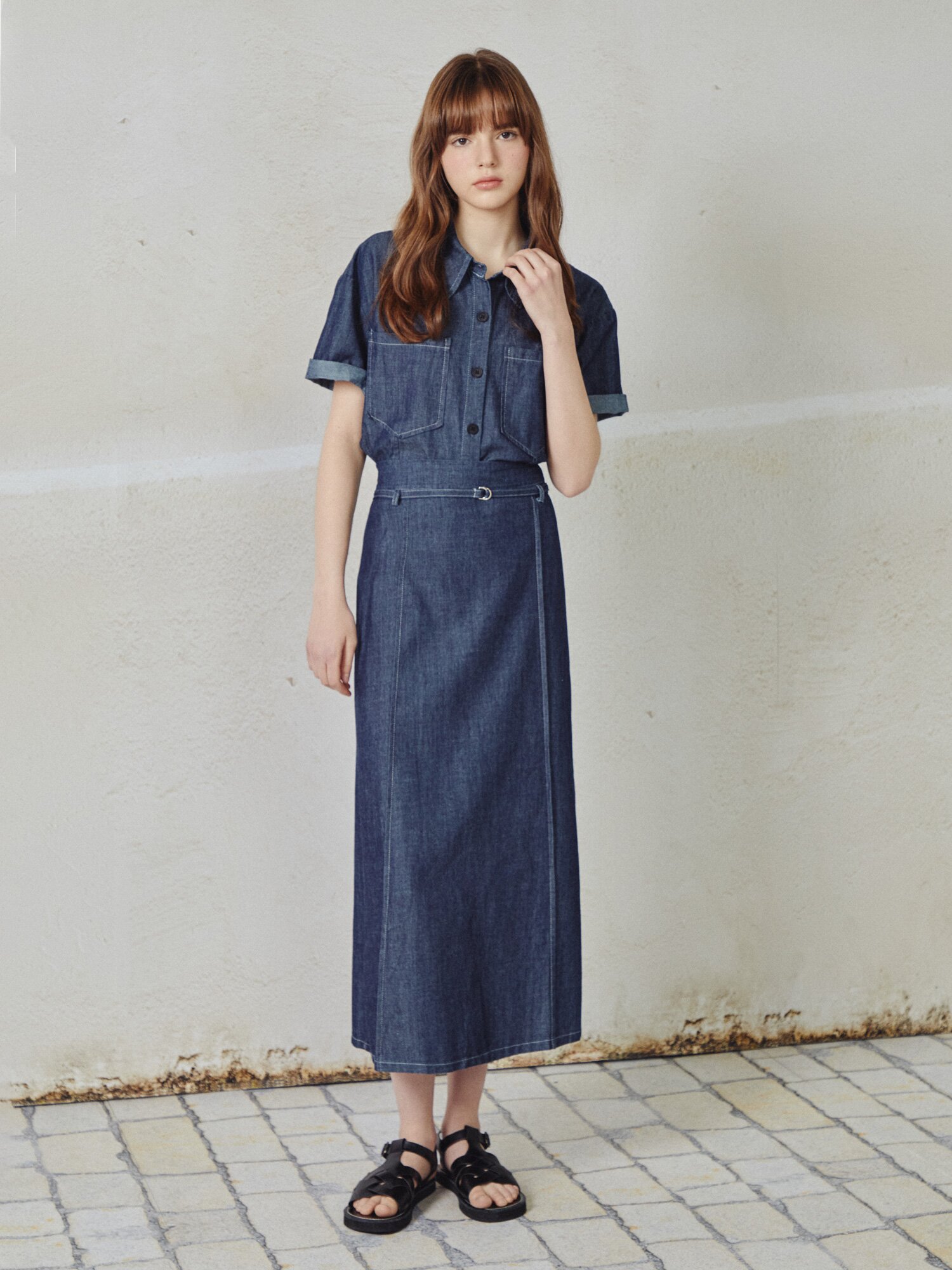 데님 칼라넥 플레어 투피스 (DARK BLUE)