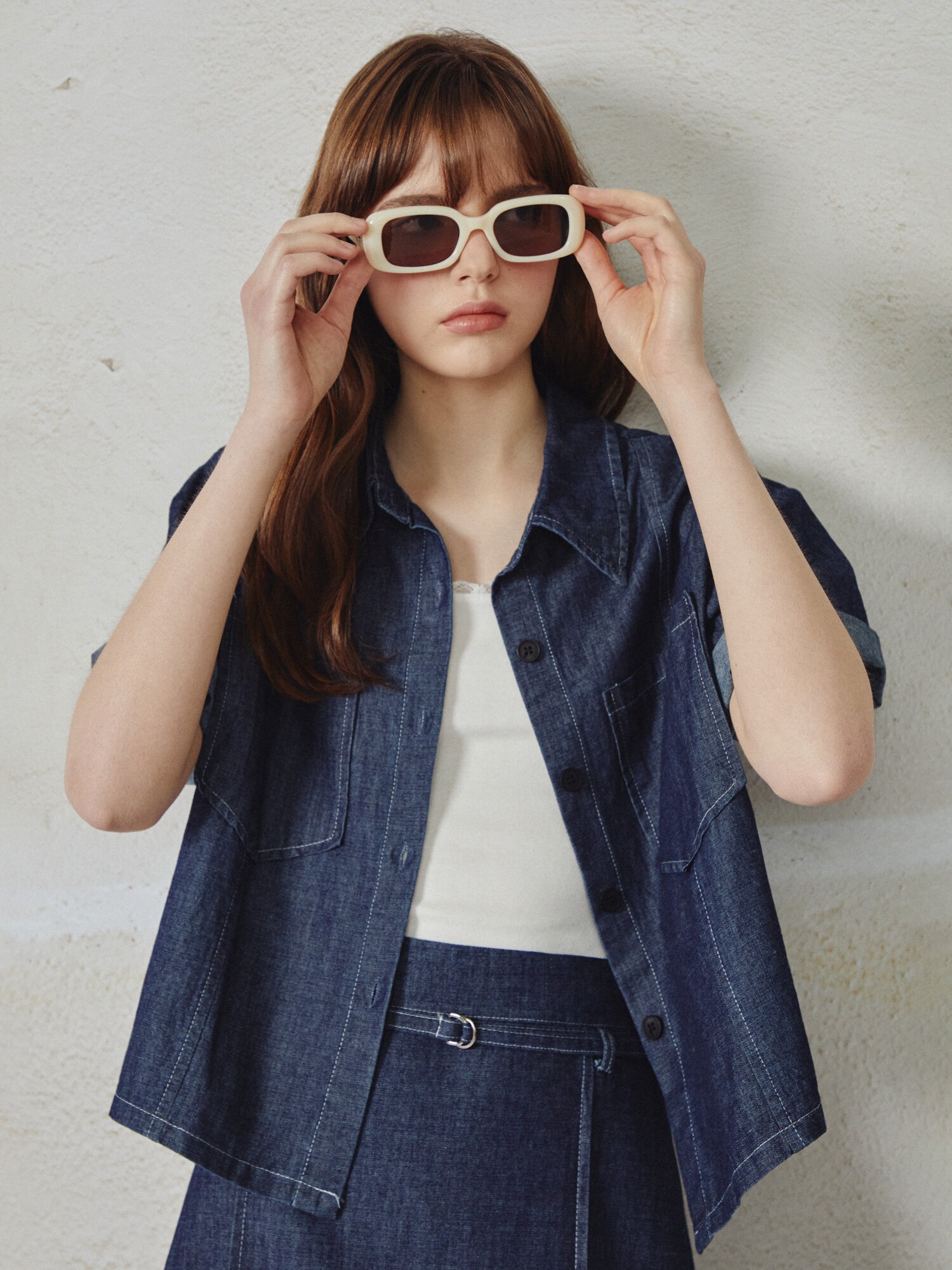 데님 칼라넥 플레어 투피스 (DARK BLUE)