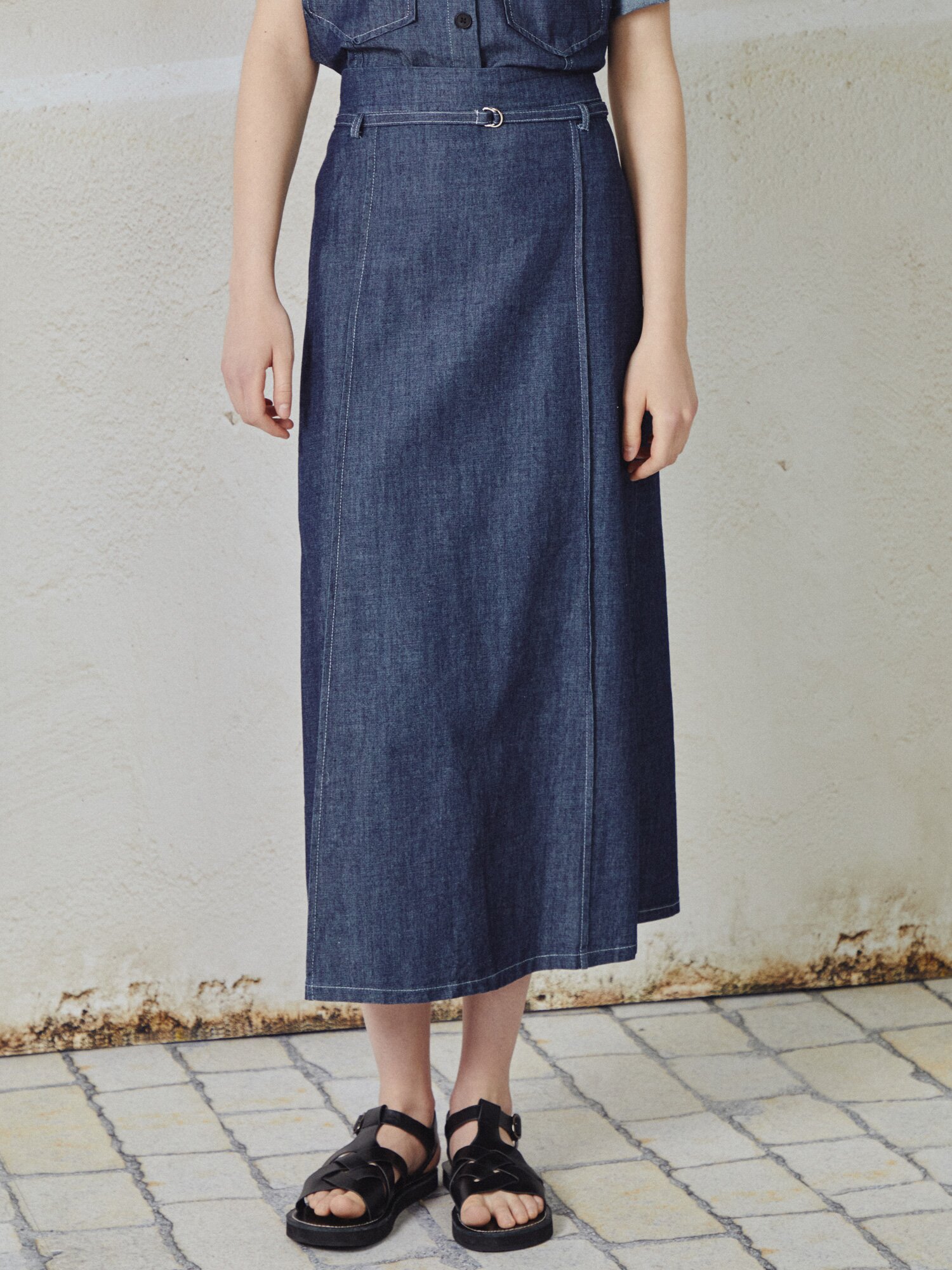 데님 칼라넥 플레어 투피스 (DARK BLUE)