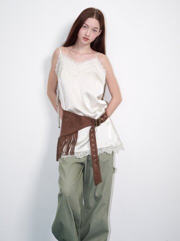 시어 타이 주름 미디 원피스 크림