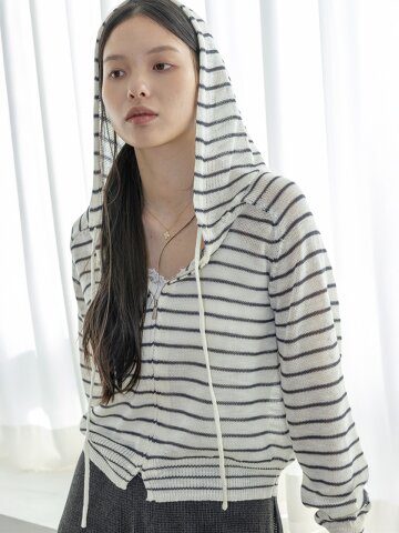 LS_Striped zip hood top_WHITE