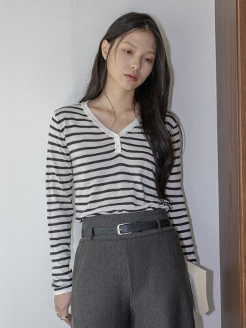 LS_Stripe v neck knit top_2color