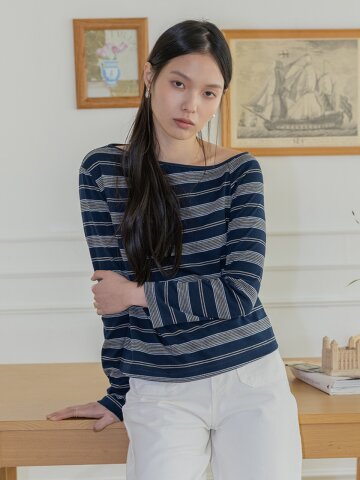 LS_Stripe boat neck top_2color